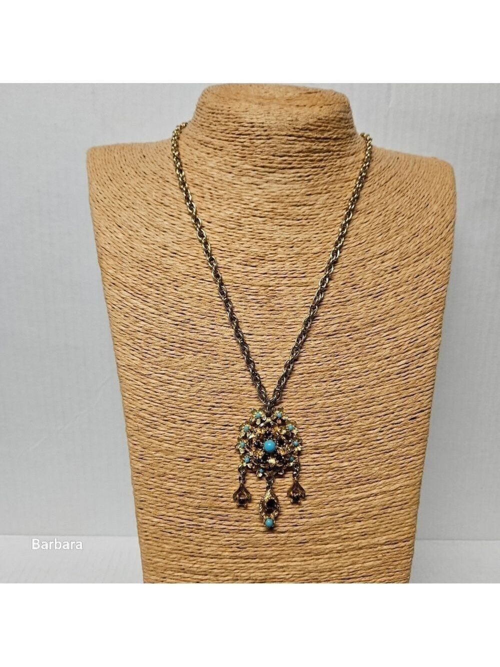 VintageRenaissance Revival Faux Ruby/ Turquoise Beads Pendant Necklace